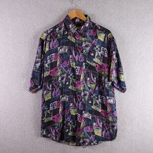 Vintage Goouch Mens Medium 100% Silk Abstract Geometric Short Sleeve Shirt Black